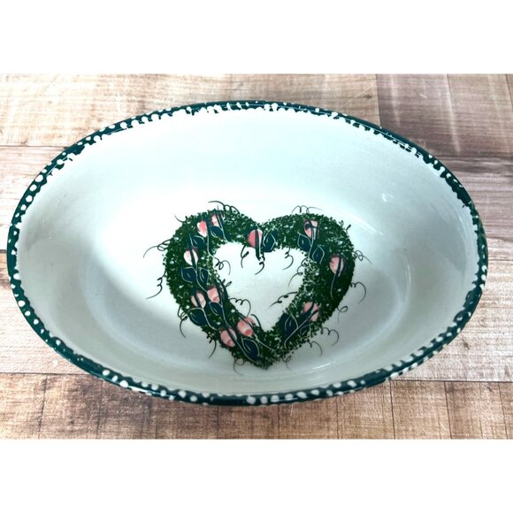 Handcrafted Stoneware Oval Bowl With Heart & Leaf Design - Picture 2 of 5